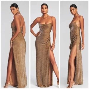 Retrofete KATYA sequin maxi dress drape gown - bronze - LARGE - with tags